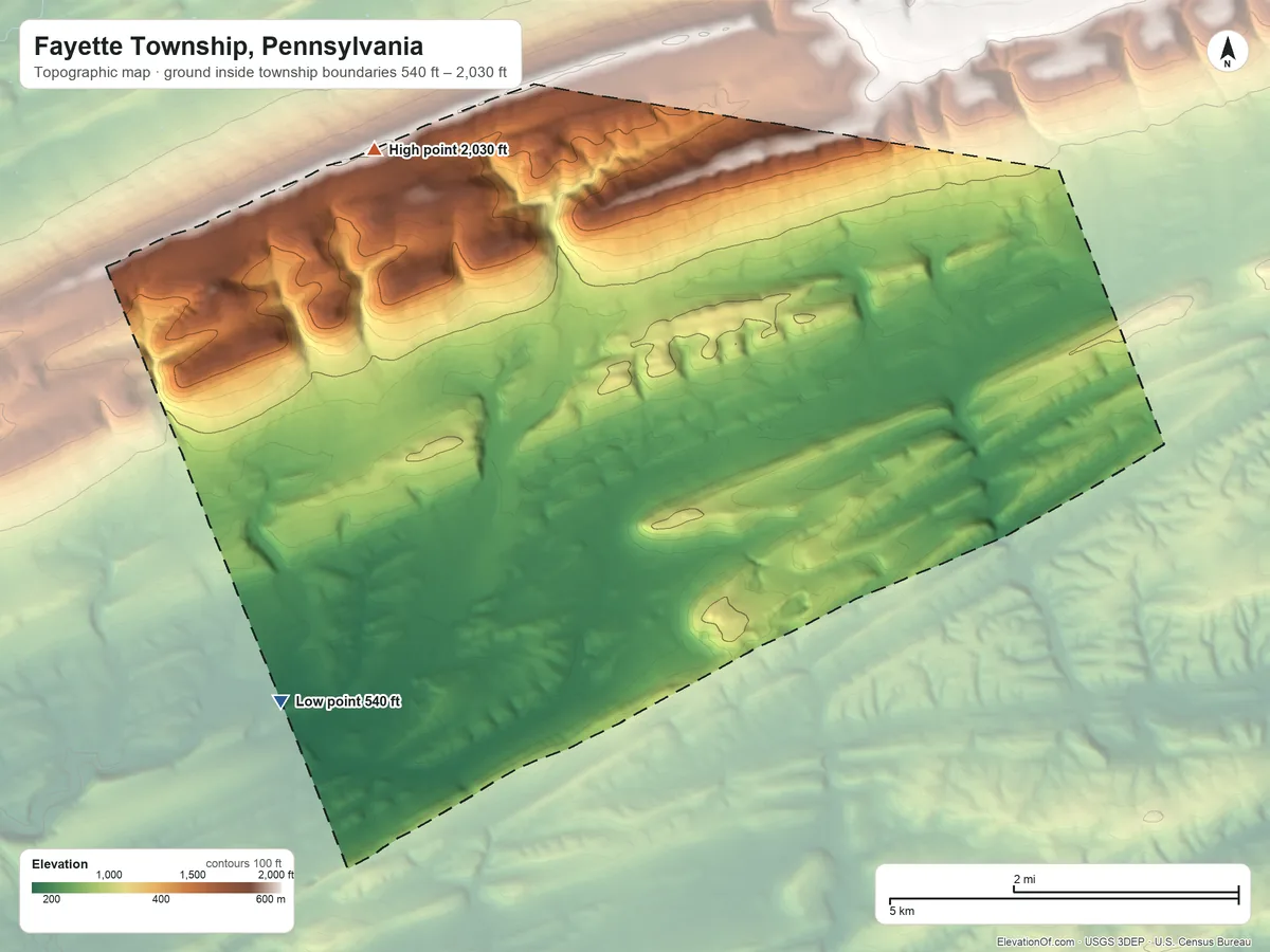 Topographic elevation map of Fayette Township, Pennsylvania, shaded from 540 ft on the southwest side to 2,030 ft on the northwest side