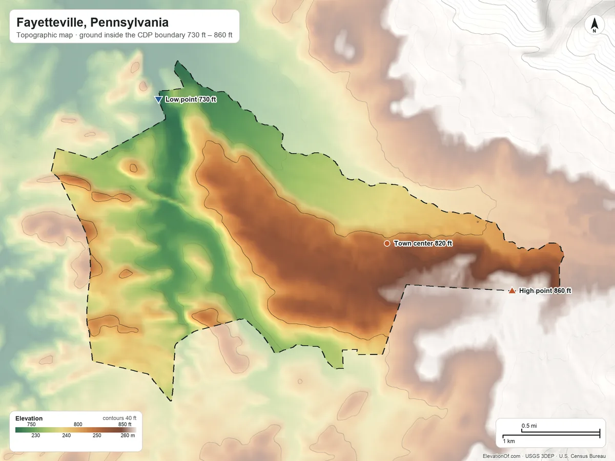 Topographic elevation map of Fayetteville, Pennsylvania, shaded from 730 ft on the northwest side to 860 ft at the foot of the South Mountain