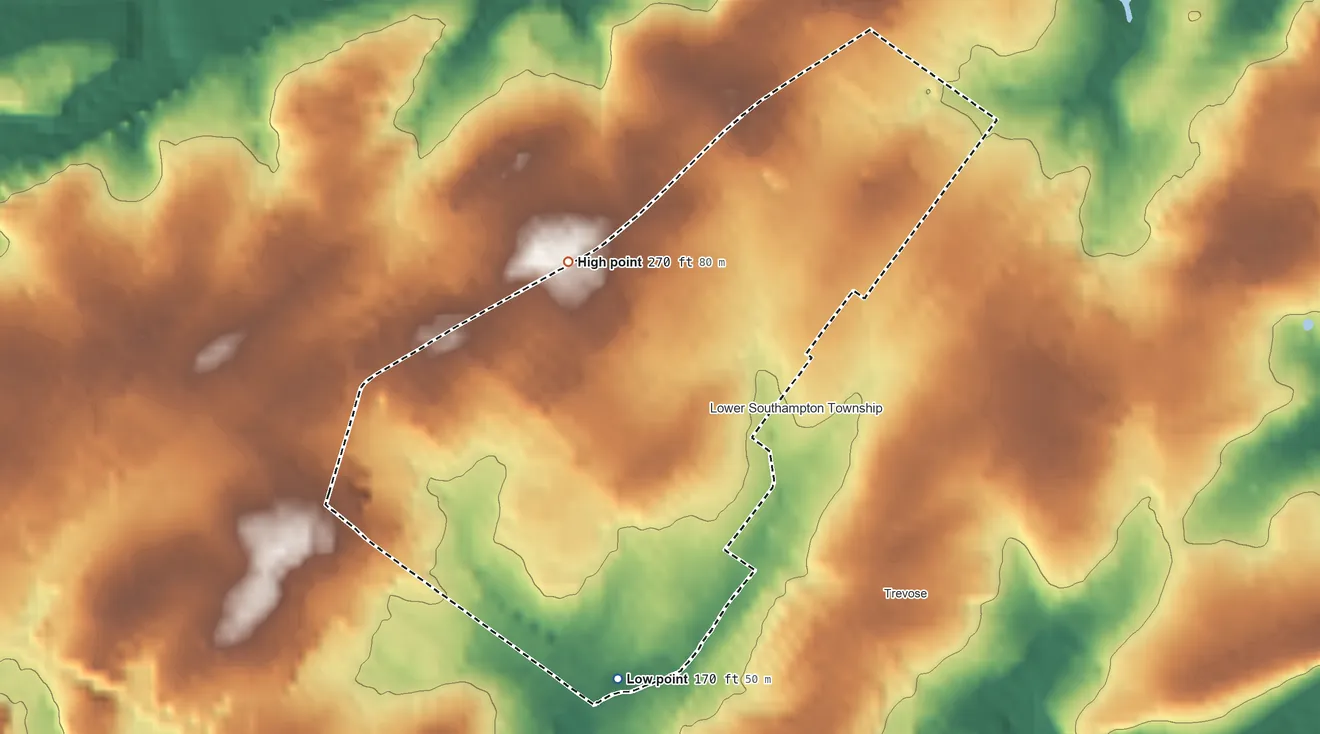 Topographic elevation map of Feasterville, Pennsylvania, shaded from 170 ft on the south side to 270 ft on the north side