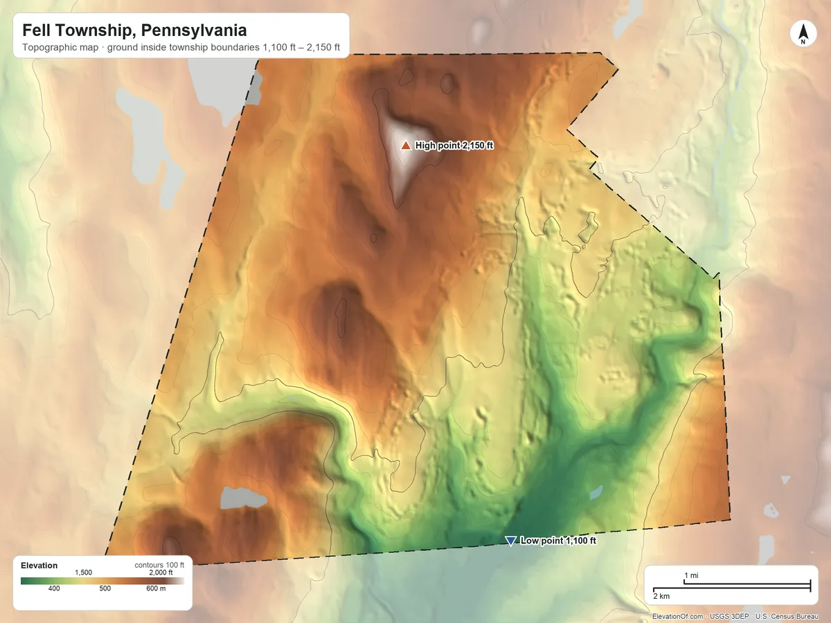 Topographic elevation map of Fell Township, Pennsylvania, shaded from 1,100 ft on the south side to 2,150 ft on the north side