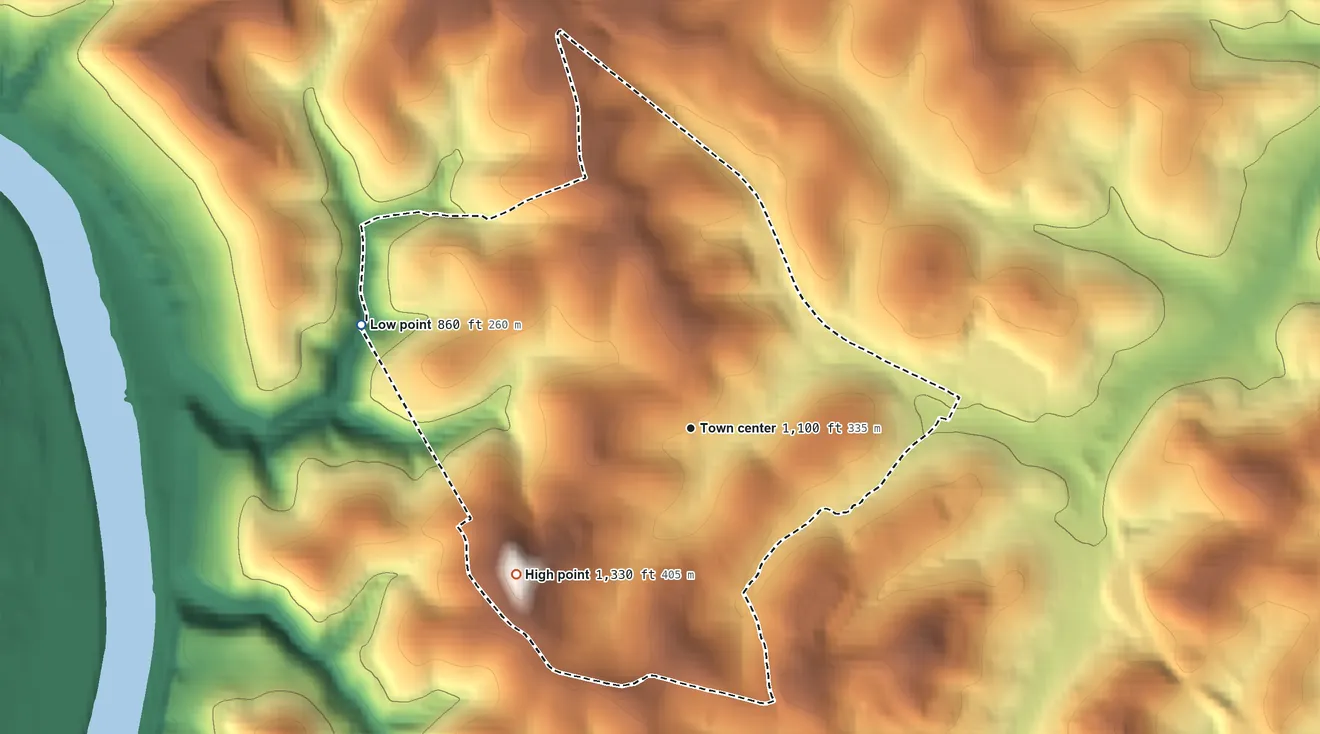 Topographic elevation map of Fellsburg, Pennsylvania, shaded from 860 ft on the west side to 1,330 ft on the southwest side