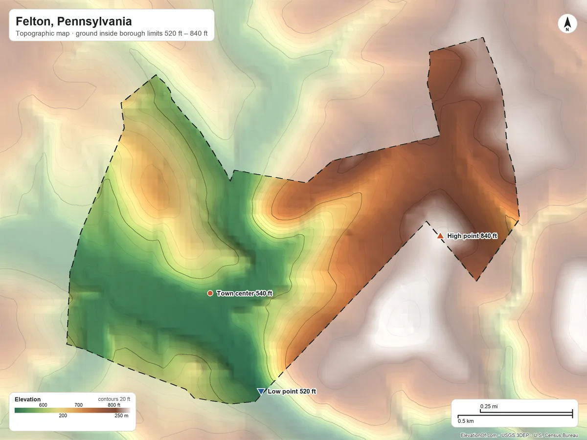 Topographic elevation map of Felton, Pennsylvania, shaded from 520 ft on the southeast side to 840 ft on the east side