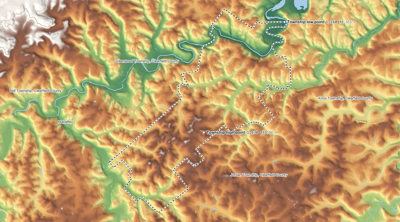 Topographic elevation map of Ferguson Township, Clearfield County, Pennsylvania, shaded from 1,160 ft on the northeast side to 1,930 ft on the southwest side