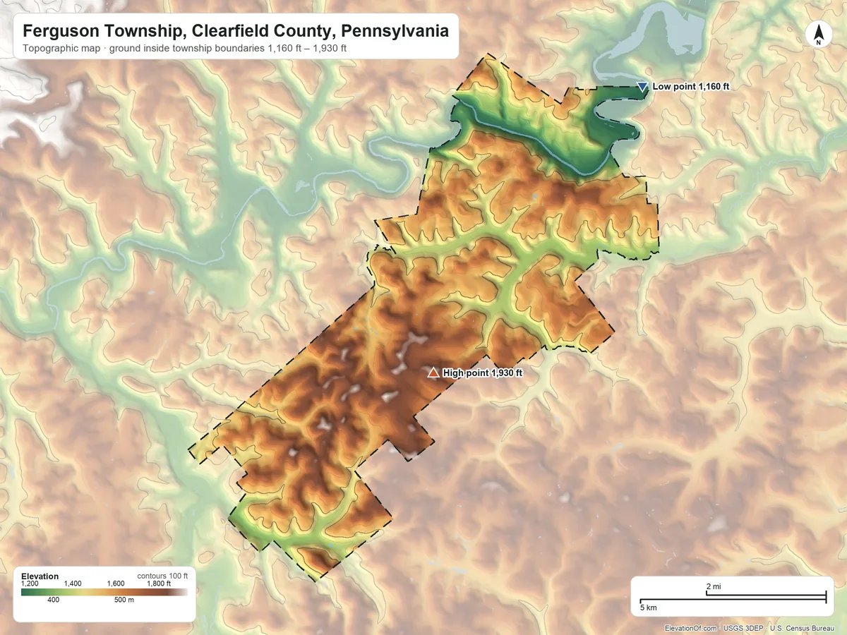 Topographic elevation map of Ferguson Township, Clearfield County, Pennsylvania, shaded from 1,160 ft on the northeast side to 1,930 ft on the southwest side