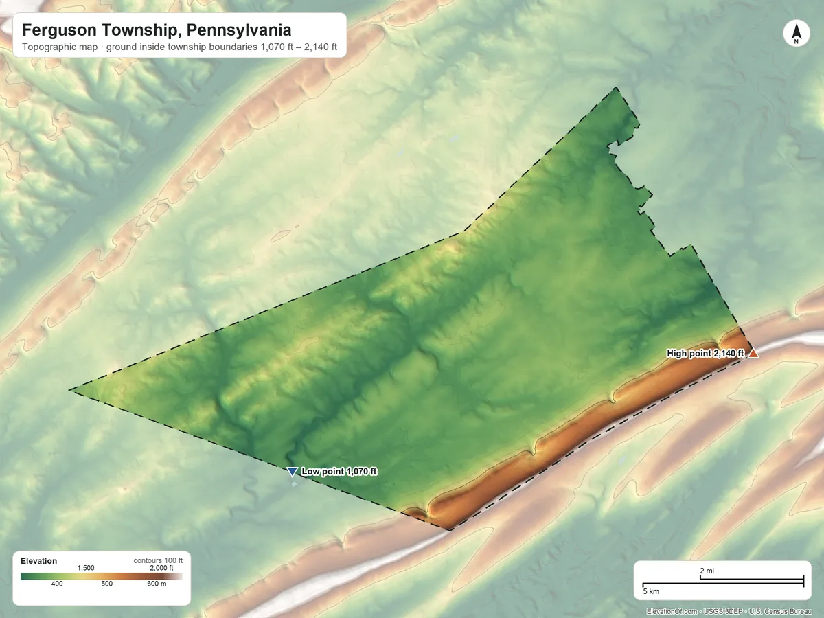 Topographic elevation map of Ferguson Township, Pennsylvania, shaded from 1,070 ft on the southwest side to 2,140 ft on the southeast side