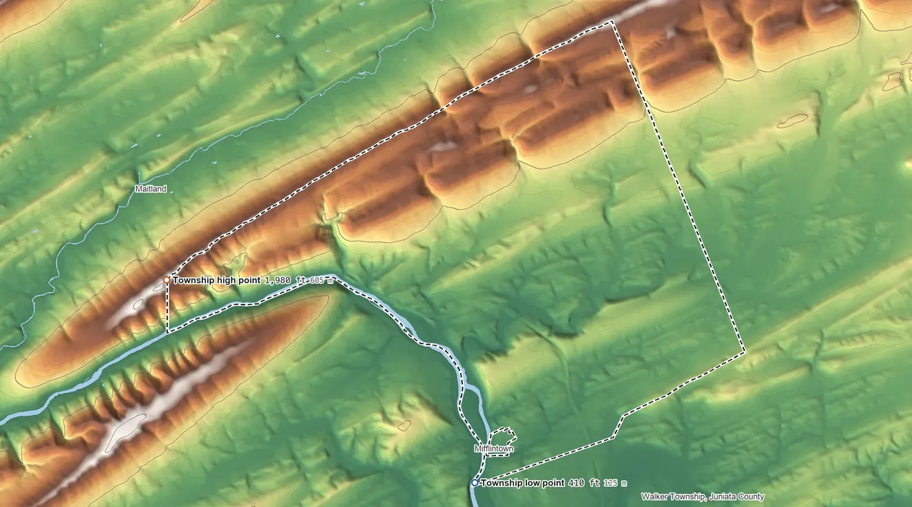 Topographic elevation map of Fermanagh Township, Pennsylvania, shaded from 410 ft on the south side to 1,980 ft on the west side