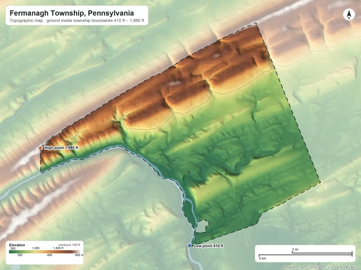 Topographic elevation map of Fermanagh Township, Pennsylvania, shaded from 410 ft on the south side to 1,980 ft on the west side