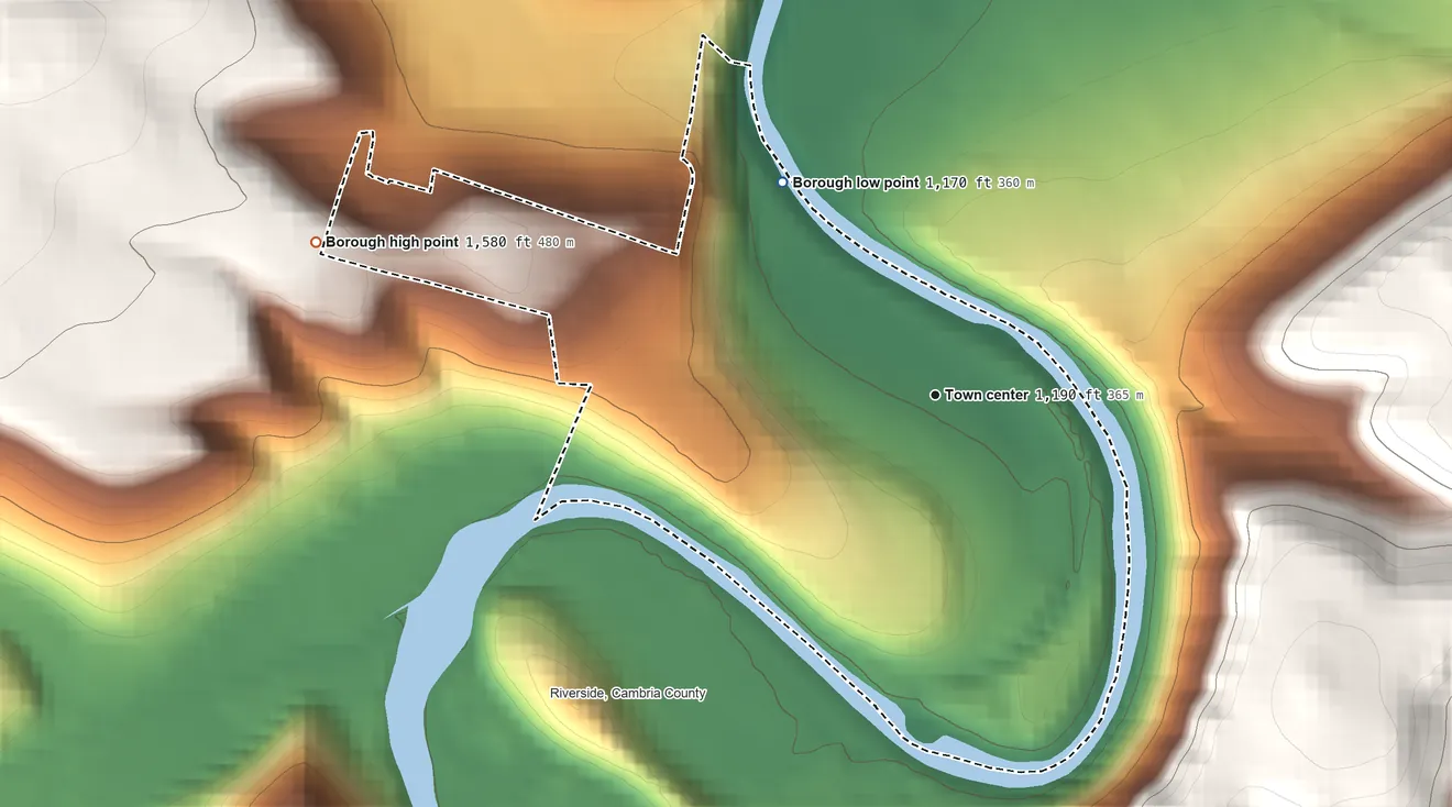 Topographic elevation map of Ferndale, Pennsylvania, shaded from 1,170 ft on the northwest side to 1,580 ft on the west side