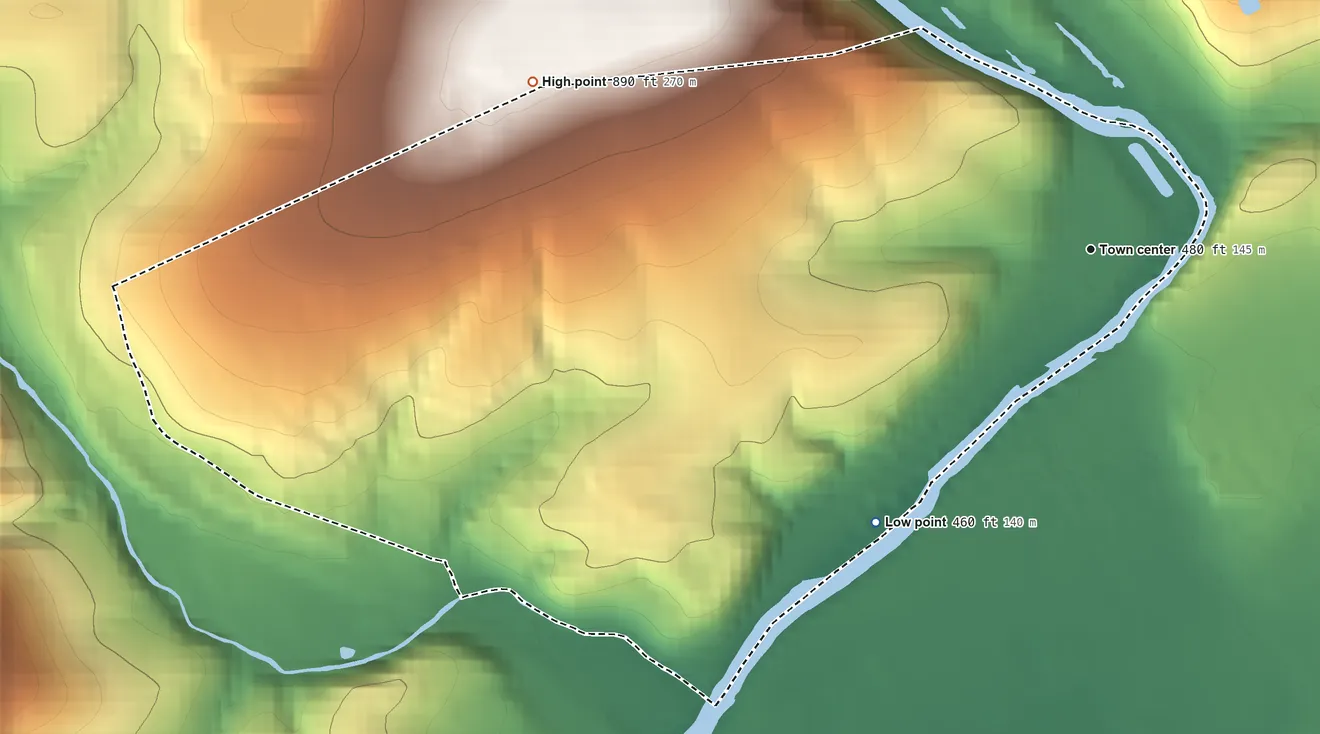 Topographic elevation map of Fernville, Pennsylvania, shaded from 460 ft on the southwest side to 890 ft on the west side