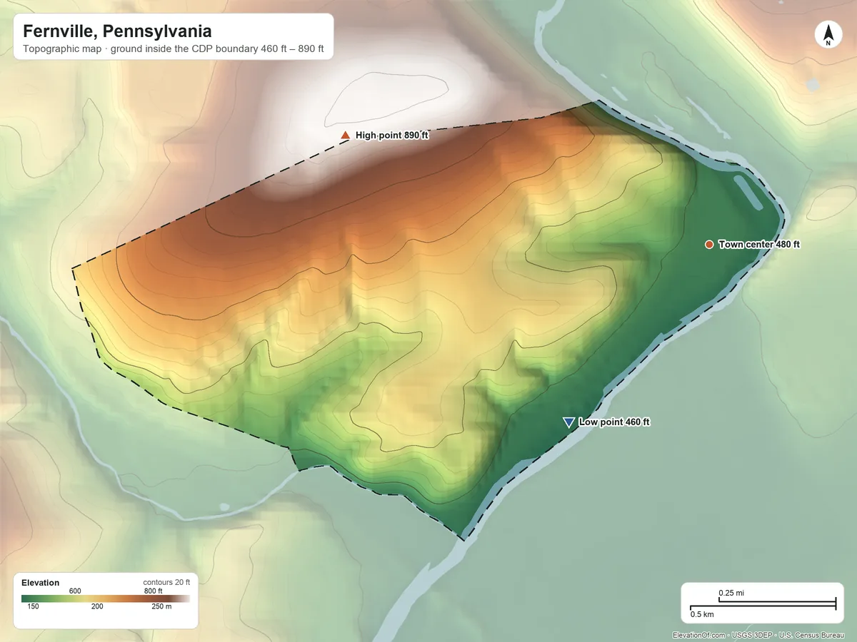 Topographic elevation map of Fernville, Pennsylvania, shaded from 460 ft on the southwest side to 890 ft on the west side