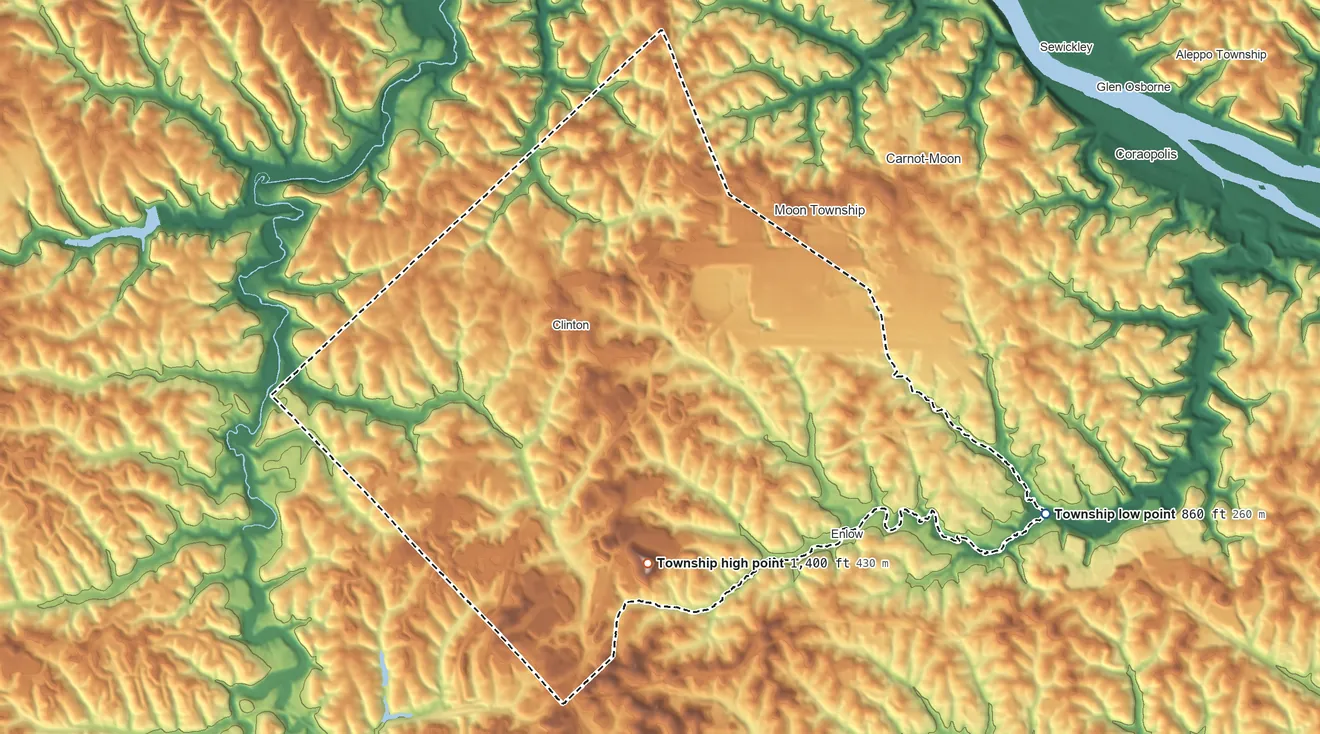 Topographic elevation map of Findlay Township, Pennsylvania, shaded from 860 ft on the east side to 1,400 ft on the southwest side