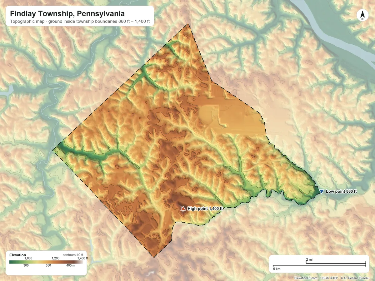Topographic elevation map of Findlay Township, Pennsylvania, shaded from 860 ft on the east side to 1,400 ft on the southwest side
