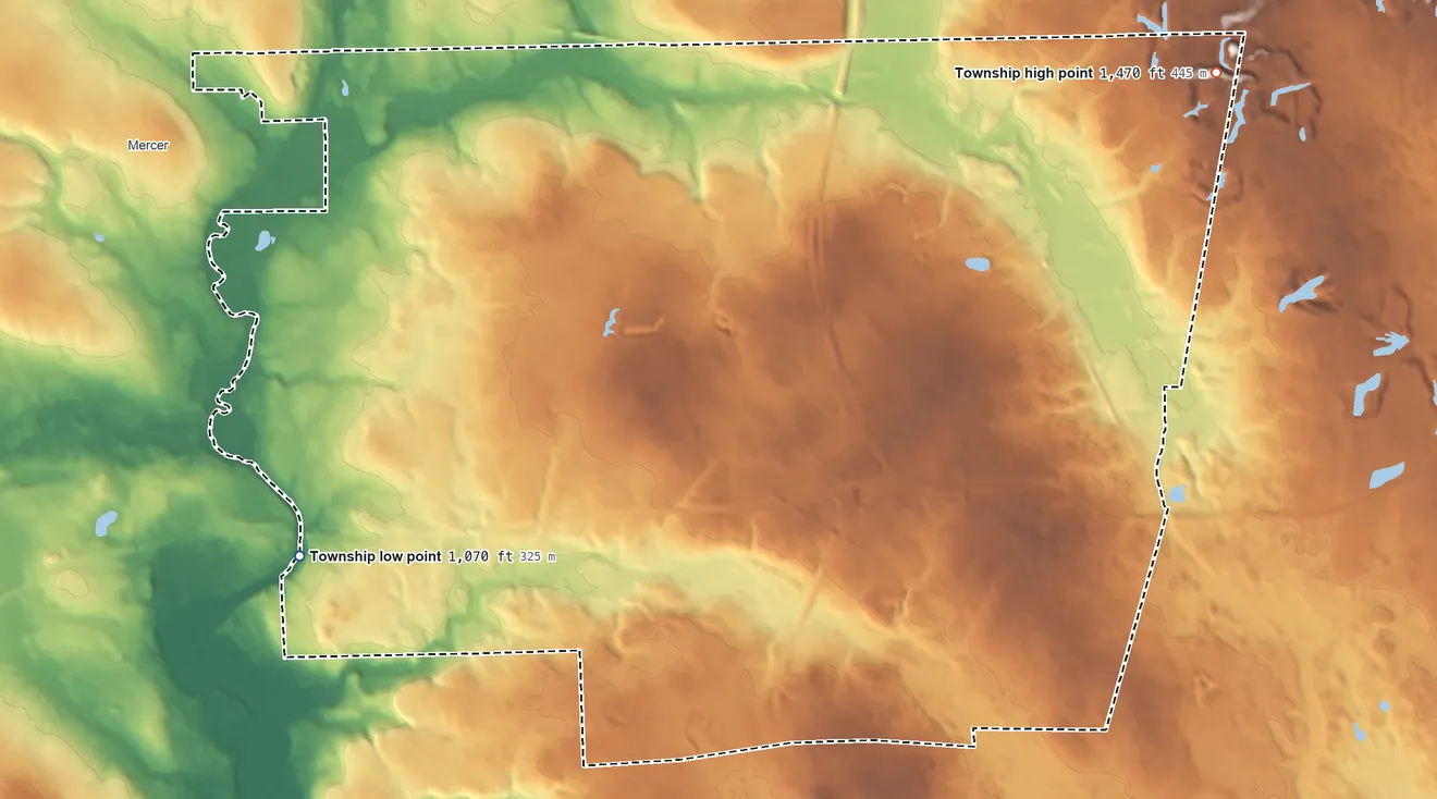 Topographic elevation map of Findley Township, Pennsylvania, shaded from 1,070 ft on the southwest side to 1,470 ft on the northeast side