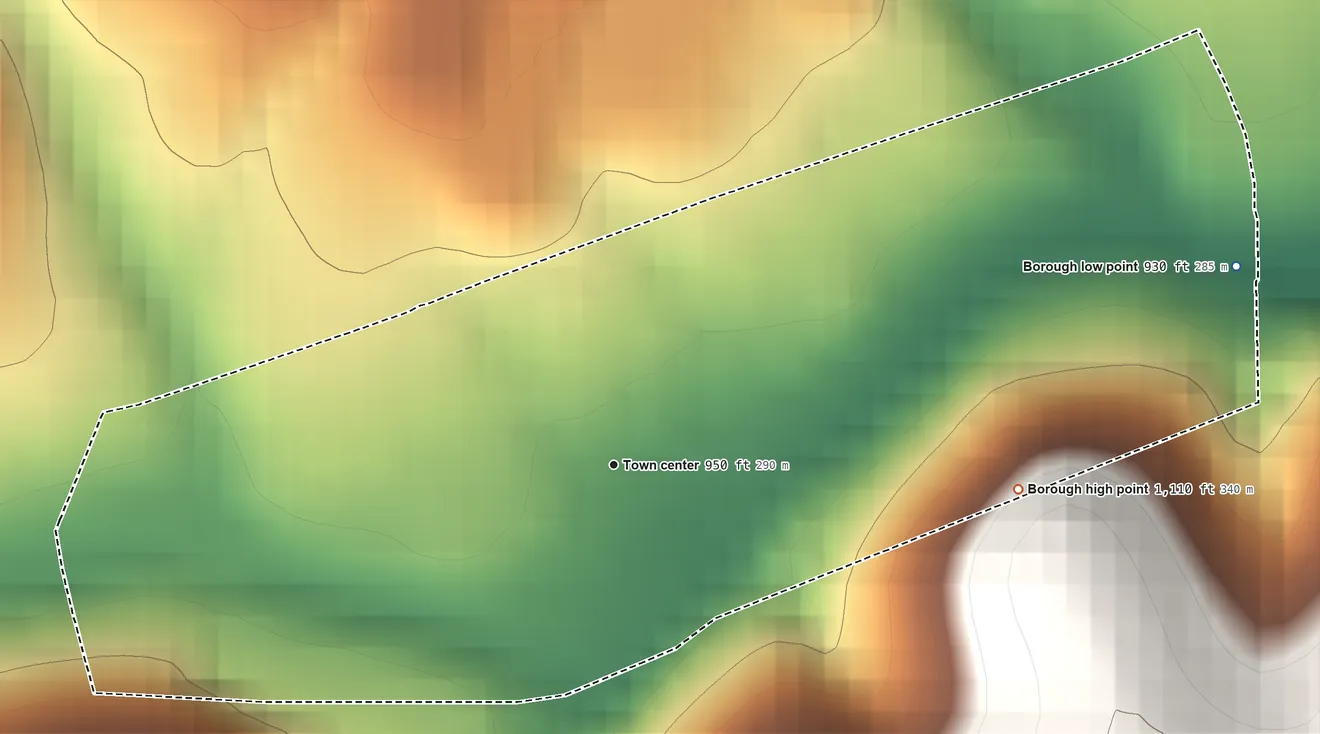Topographic elevation map of Finleyville, Pennsylvania, shaded from 930 ft on the east side to 1,110 ft on the east side
