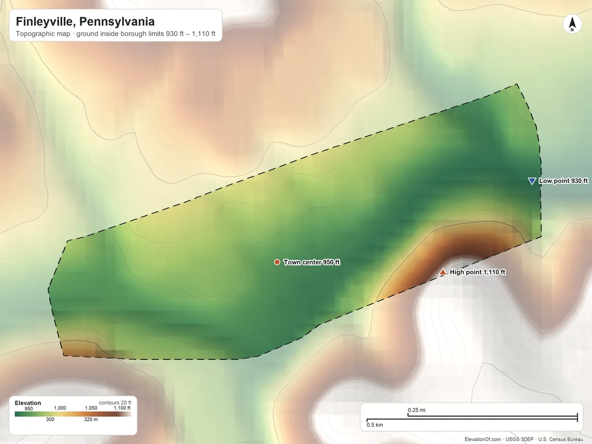 Topographic elevation map of Finleyville, Pennsylvania, shaded from 930 ft on the east side to 1,110 ft on the east side