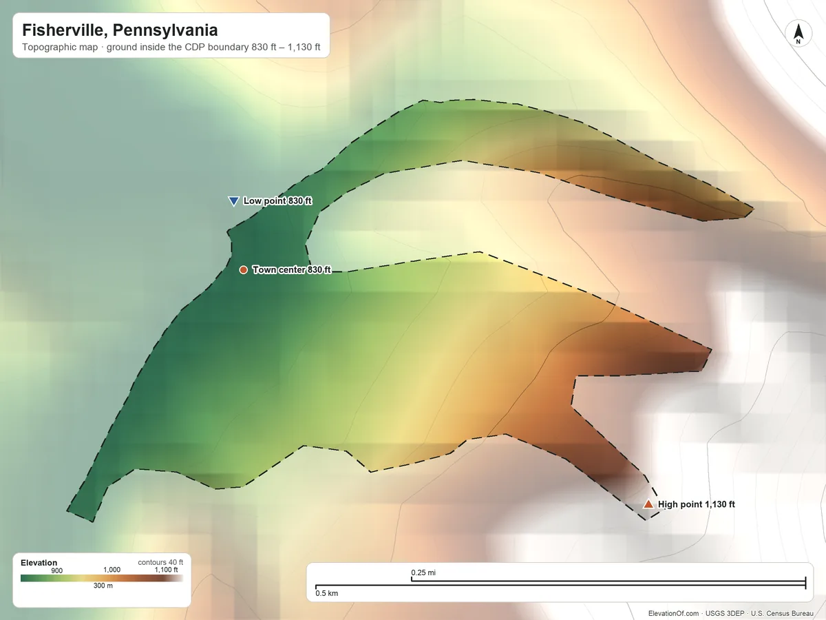 Topographic elevation map of Fisherville, Pennsylvania, shaded from 830 ft near the middle to 1,130 ft on the southeast edge, below higher ground just outside