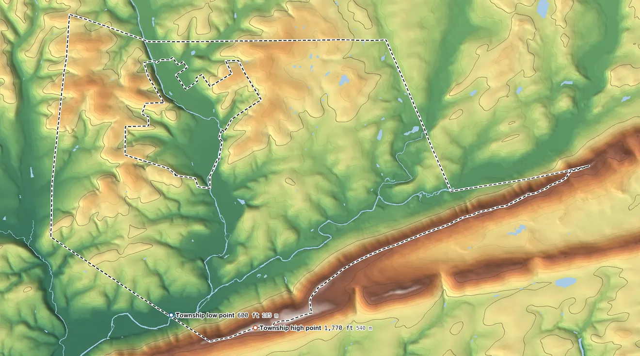 Topographic elevation map of Fishing Creek Township, Pennsylvania, shaded from 600 ft on the southwest side to 1,770 ft on Knob Mountain