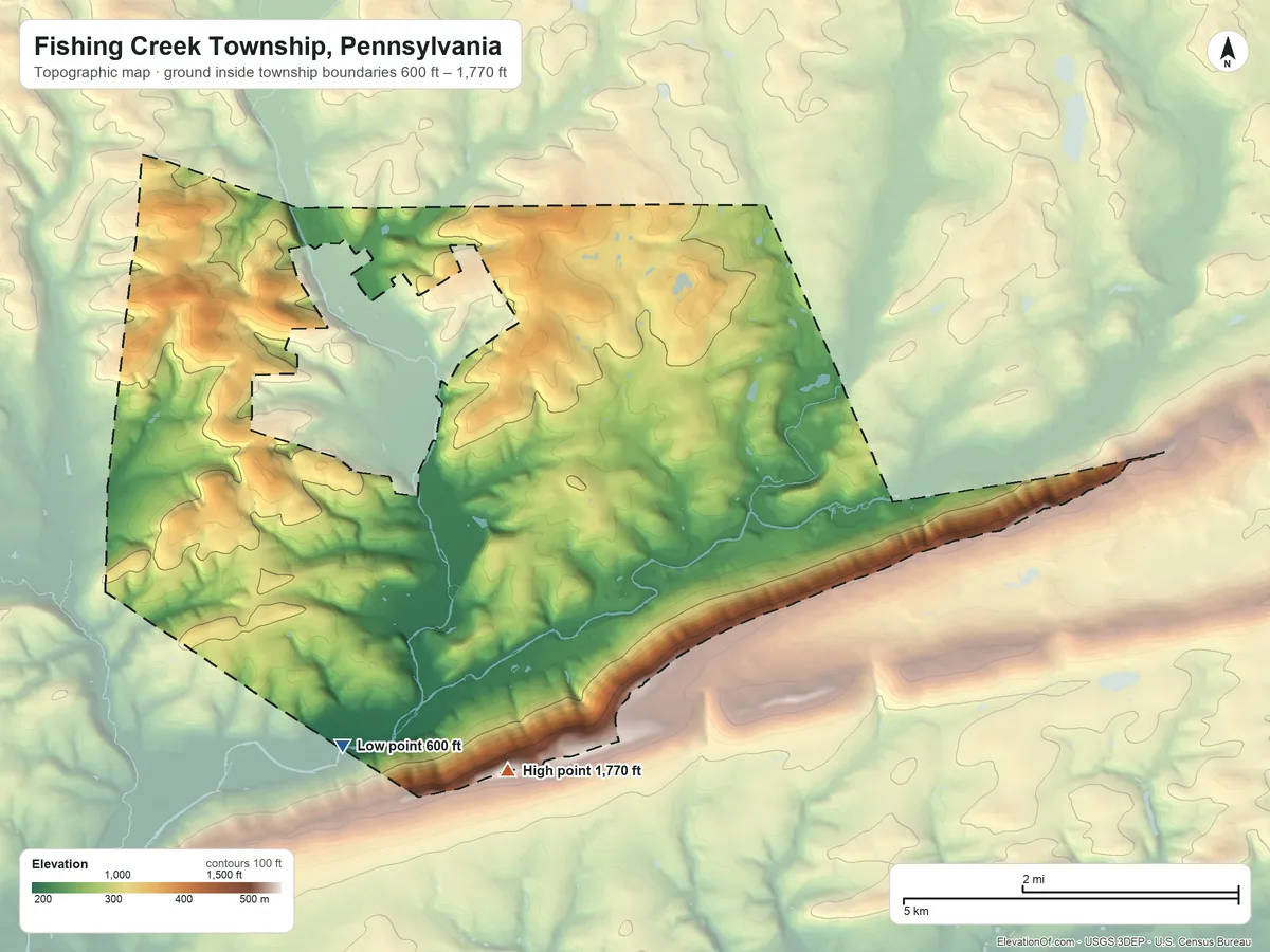 Topographic elevation map of Fishing Creek Township, Pennsylvania, shaded from 600 ft on the southwest side to 1,770 ft on Knob Mountain