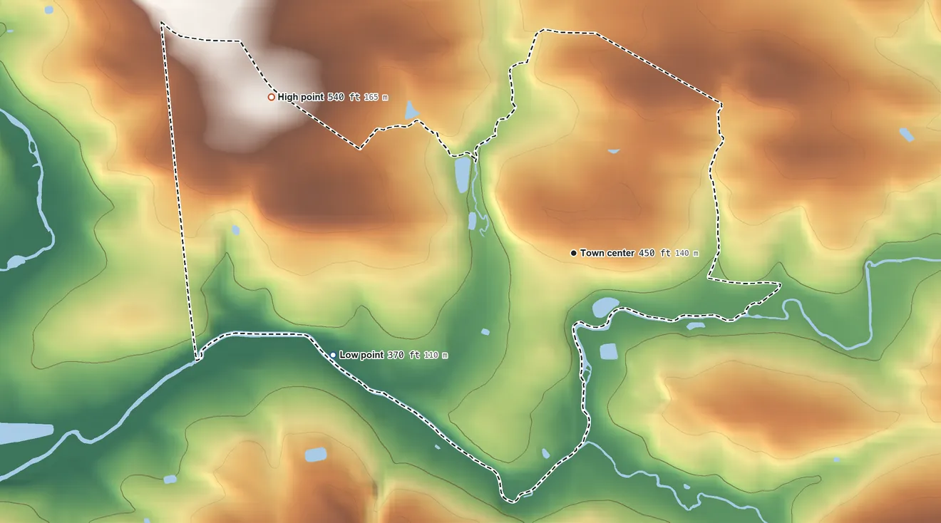 Topographic elevation map of Fivepointville, Pennsylvania, shaded from 370 ft on the southwest side to 540 ft on the northwest side