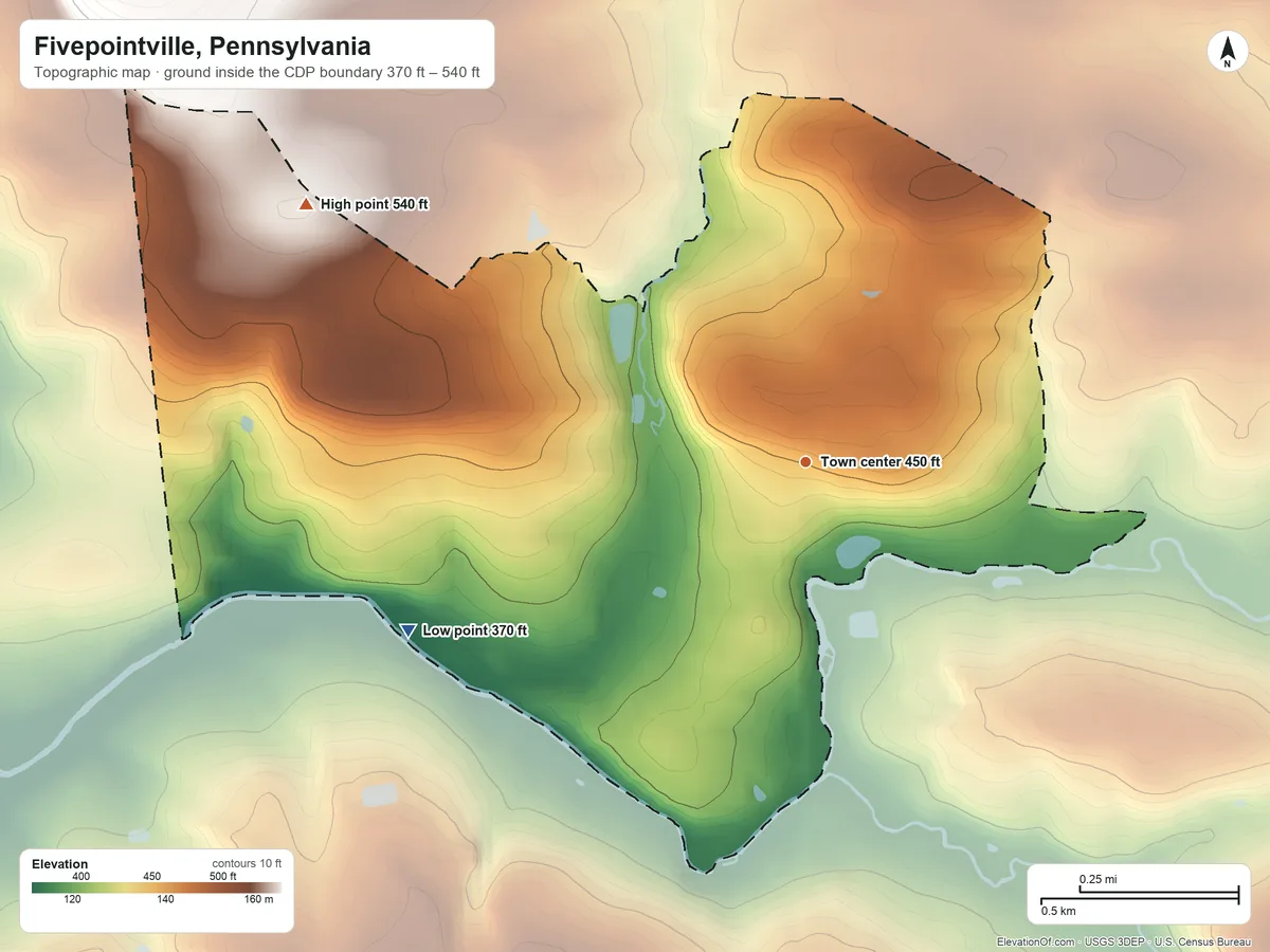 Topographic elevation map of Fivepointville, Pennsylvania, shaded from 370 ft on the southwest side to 540 ft on the northwest side