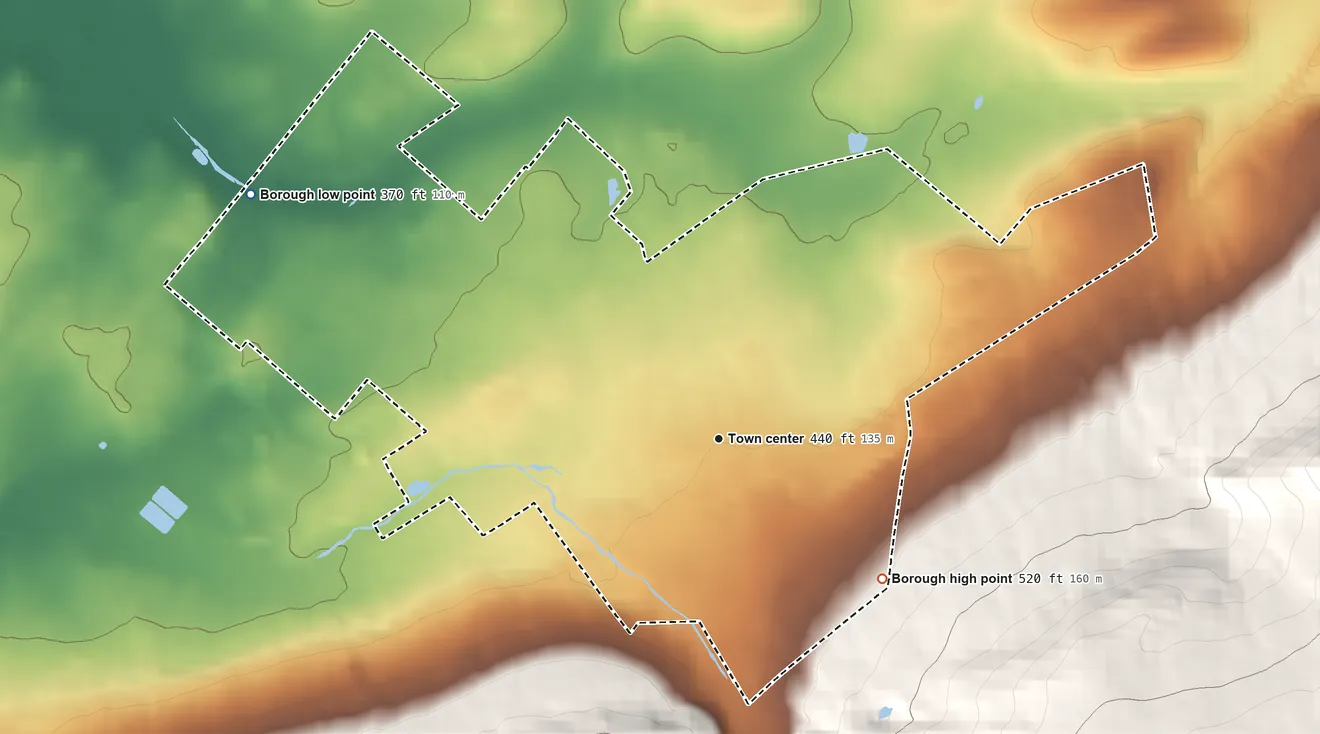 Topographic elevation map of Fleetwood, Pennsylvania, shaded from 370 ft on the northwest side to 520 ft on the southeast edge, below higher ground just outside
