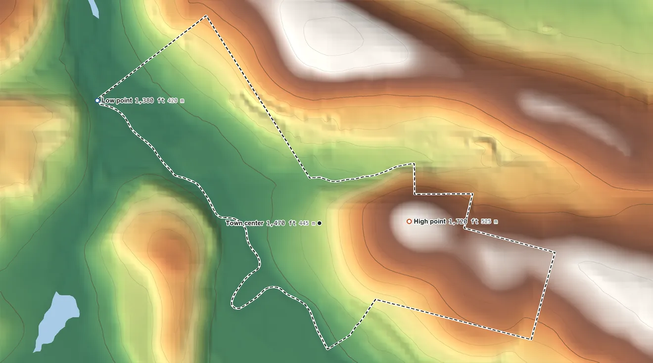 Topographic elevation map of Flinton, Pennsylvania, shaded from 1,380 ft on the northwest side to 1,720 ft on the east side