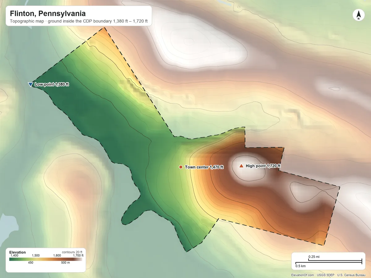 Topographic elevation map of Flinton, Pennsylvania, shaded from 1,380 ft on the northwest side to 1,720 ft on the east side