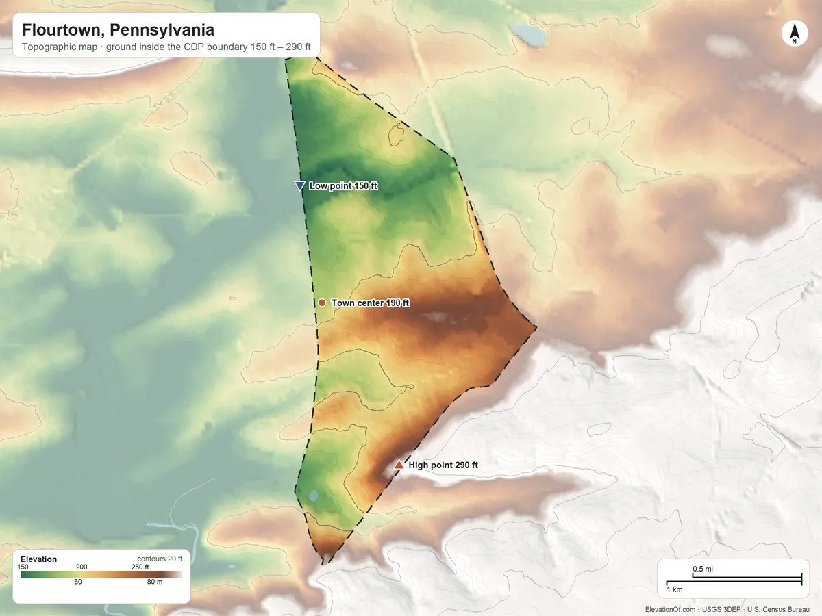 Topographic elevation map of Flourtown, Pennsylvania, shaded from 150 ft on the north side to 290 ft on the southeast side