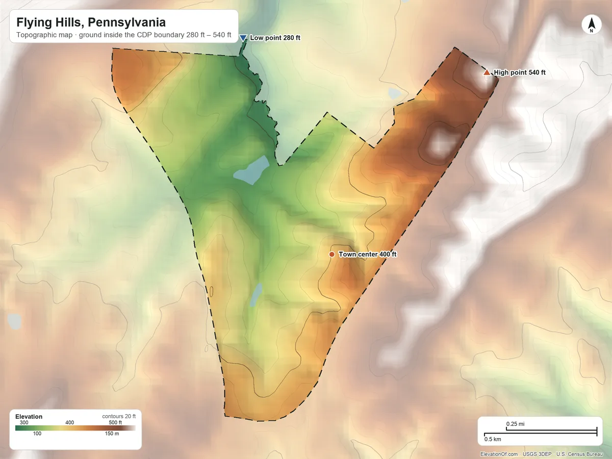 Topographic elevation map of Flying Hills, Pennsylvania, shaded from 280 ft on the north side to 540 ft at the foot of the South Mountain