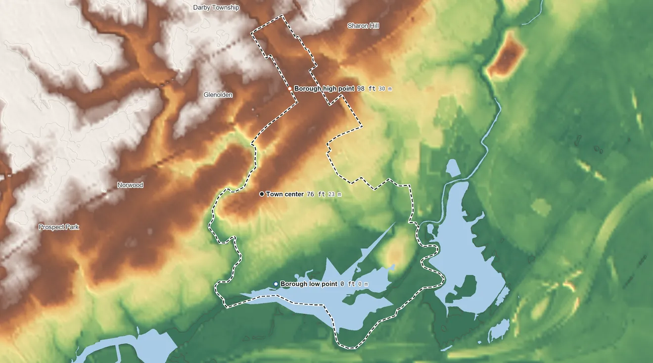 Topographic elevation map of Folcroft, Pennsylvania, shaded from 0 ft on the south side to 98 ft on the north side