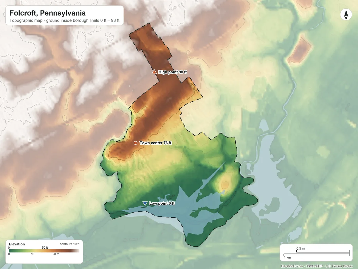Topographic elevation map of Folcroft, Pennsylvania, shaded from 0 ft on the south side to 98 ft on the north side