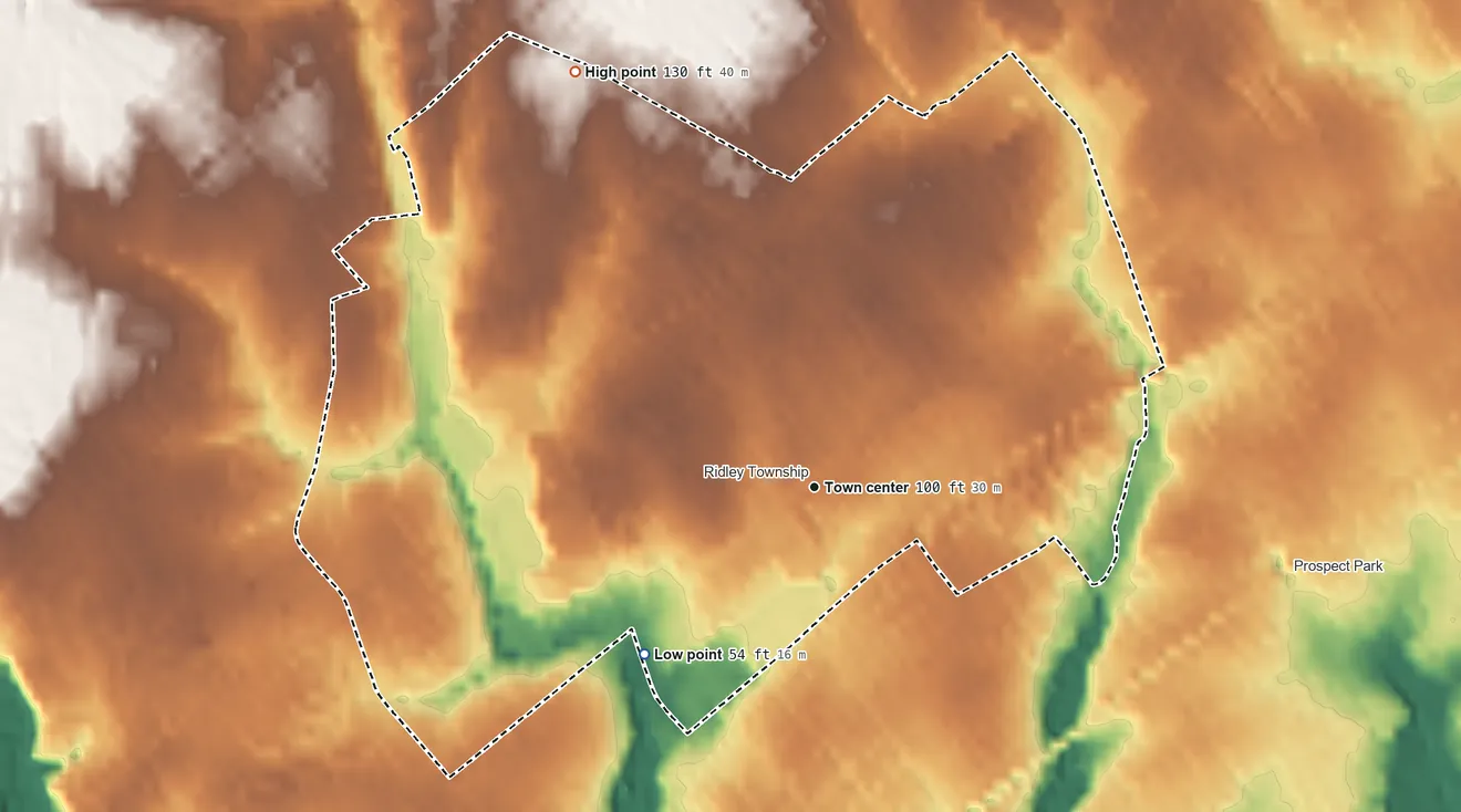 Topographic elevation map of Folsom, Pennsylvania, shaded from 54 ft on the southwest side to 130 ft on the northwest side