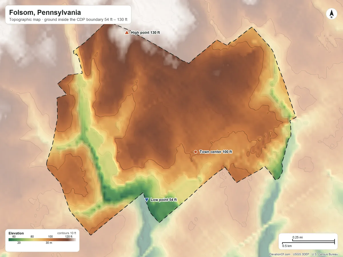Topographic elevation map of Folsom, Pennsylvania, shaded from 54 ft on the southwest side to 130 ft on the northwest side