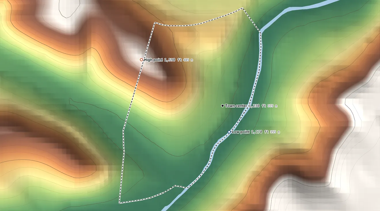 Topographic elevation map of Force, Pennsylvania, shaded from 1,170 ft on the south side to 1,590 ft on the northwest side