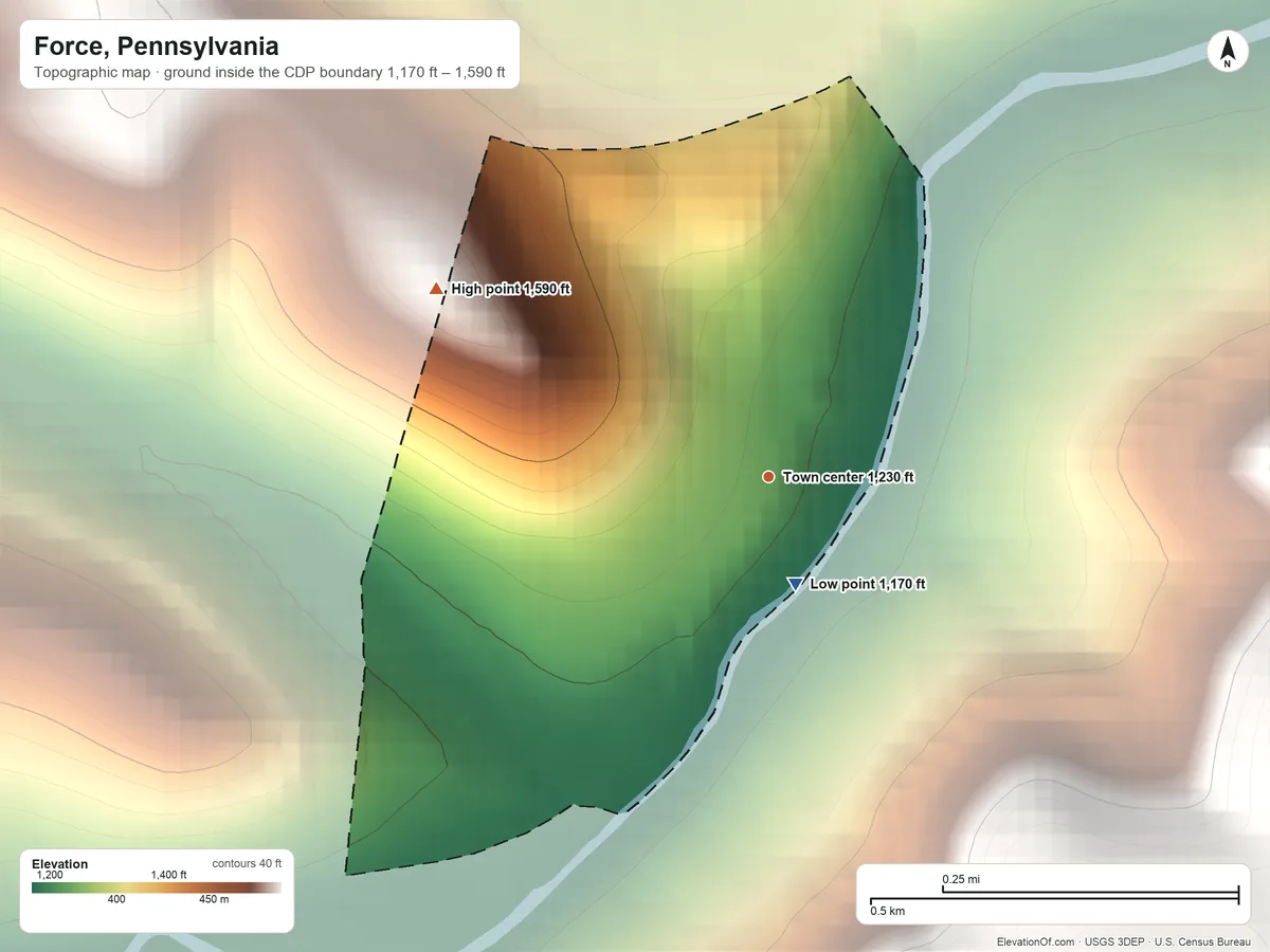 Topographic elevation map of Force, Pennsylvania, shaded from 1,170 ft on the south side to 1,590 ft on the northwest side