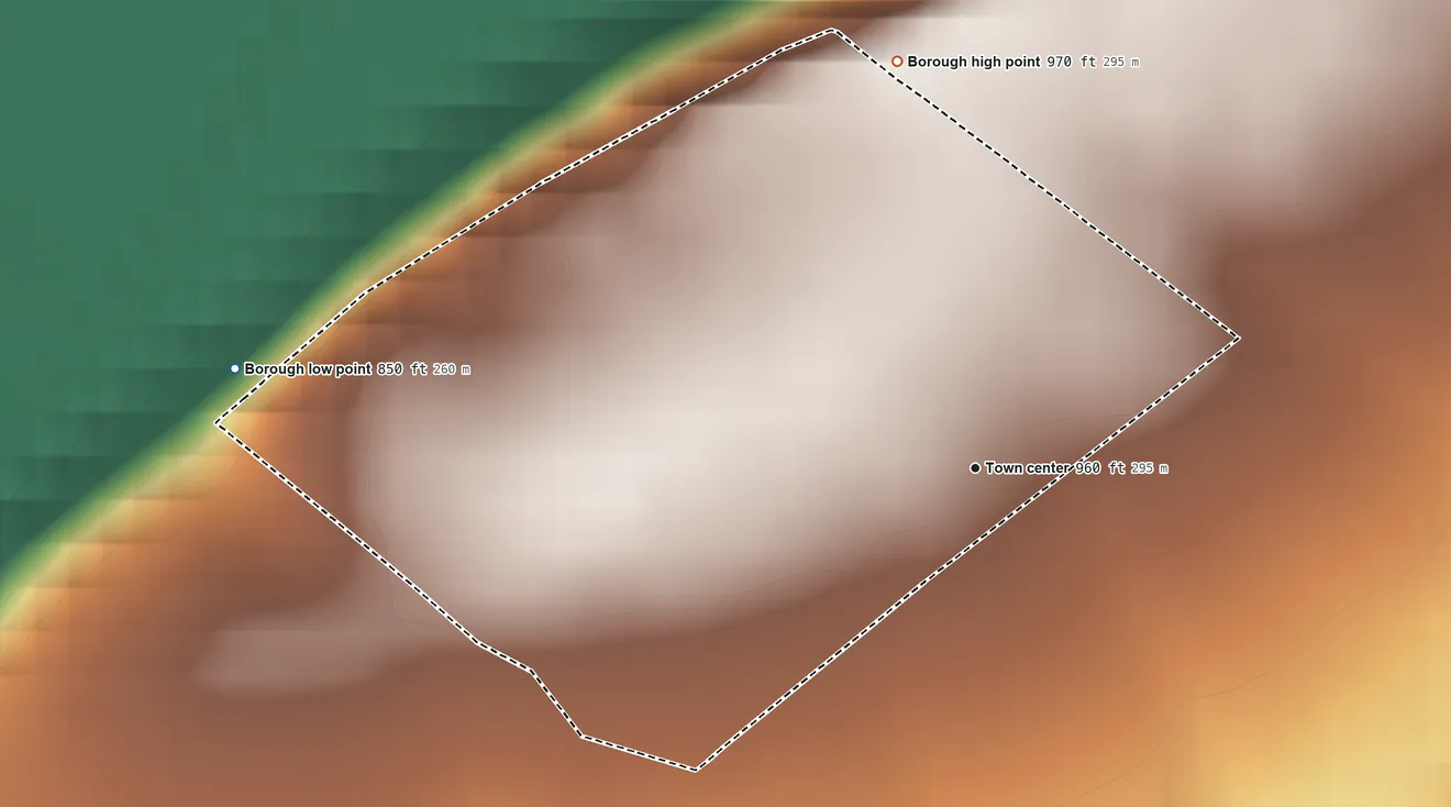 Topographic elevation map of Ford Cliff, Pennsylvania, shaded from 850 ft on the west side to 970 ft on the north side