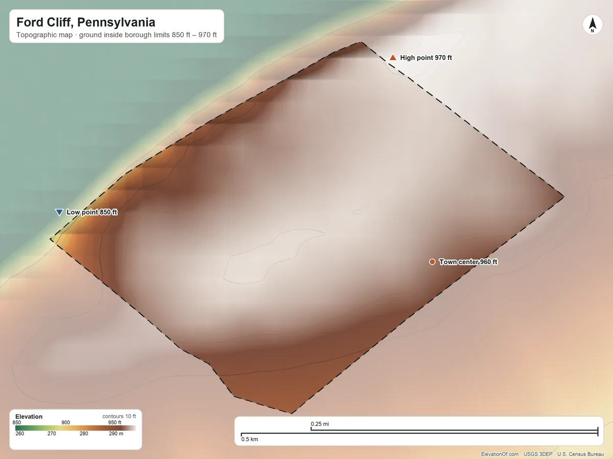 Topographic elevation map of Ford Cliff, Pennsylvania, shaded from 850 ft on the west side to 970 ft on the north side