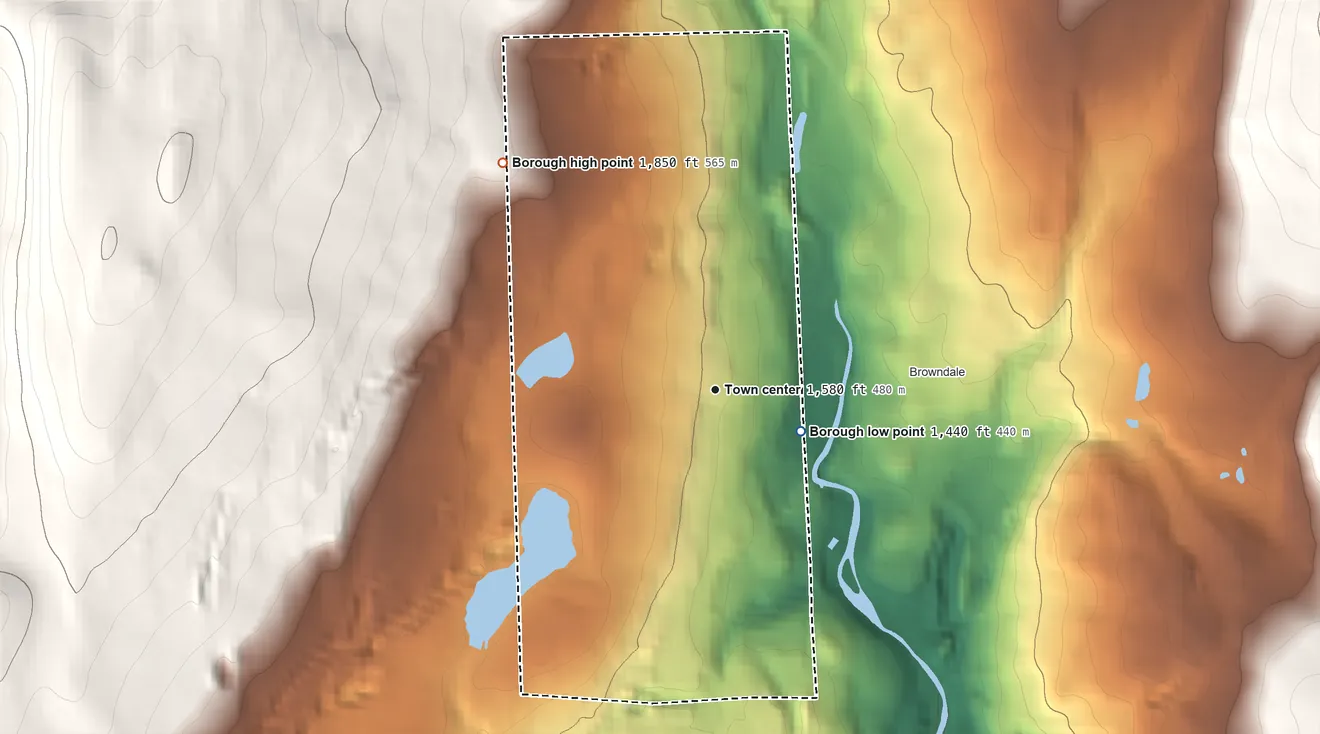 Topographic elevation map of Forest City, Pennsylvania, shaded from 1,440 ft on the southeast side to 1,850 ft at the foot of the Moosic Mountains