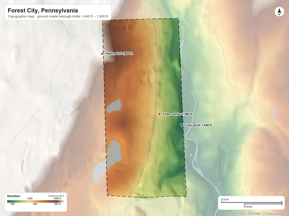 Topographic elevation map of Forest City, Pennsylvania, shaded from 1,440 ft on the southeast side to 1,850 ft at the foot of the Moosic Mountains