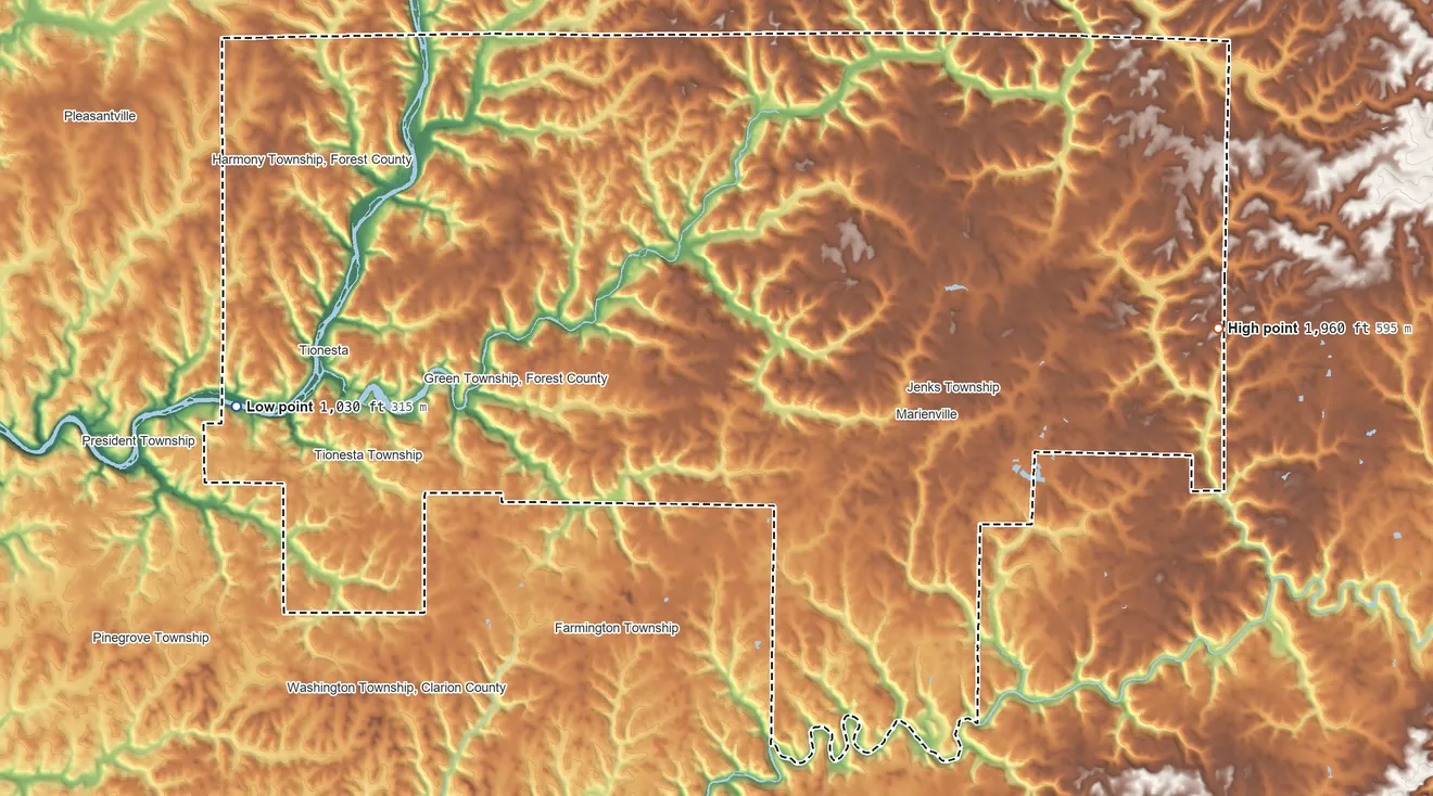 Topographic elevation map of Forest County, Pennsylvania, shaded from 1,030 ft on the west side to 1,960 ft on the east side