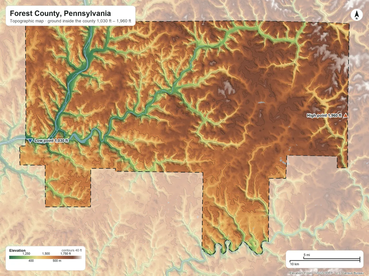 Topographic elevation map of Forest County, Pennsylvania, shaded from 1,030 ft on the west side to 1,960 ft on the east side