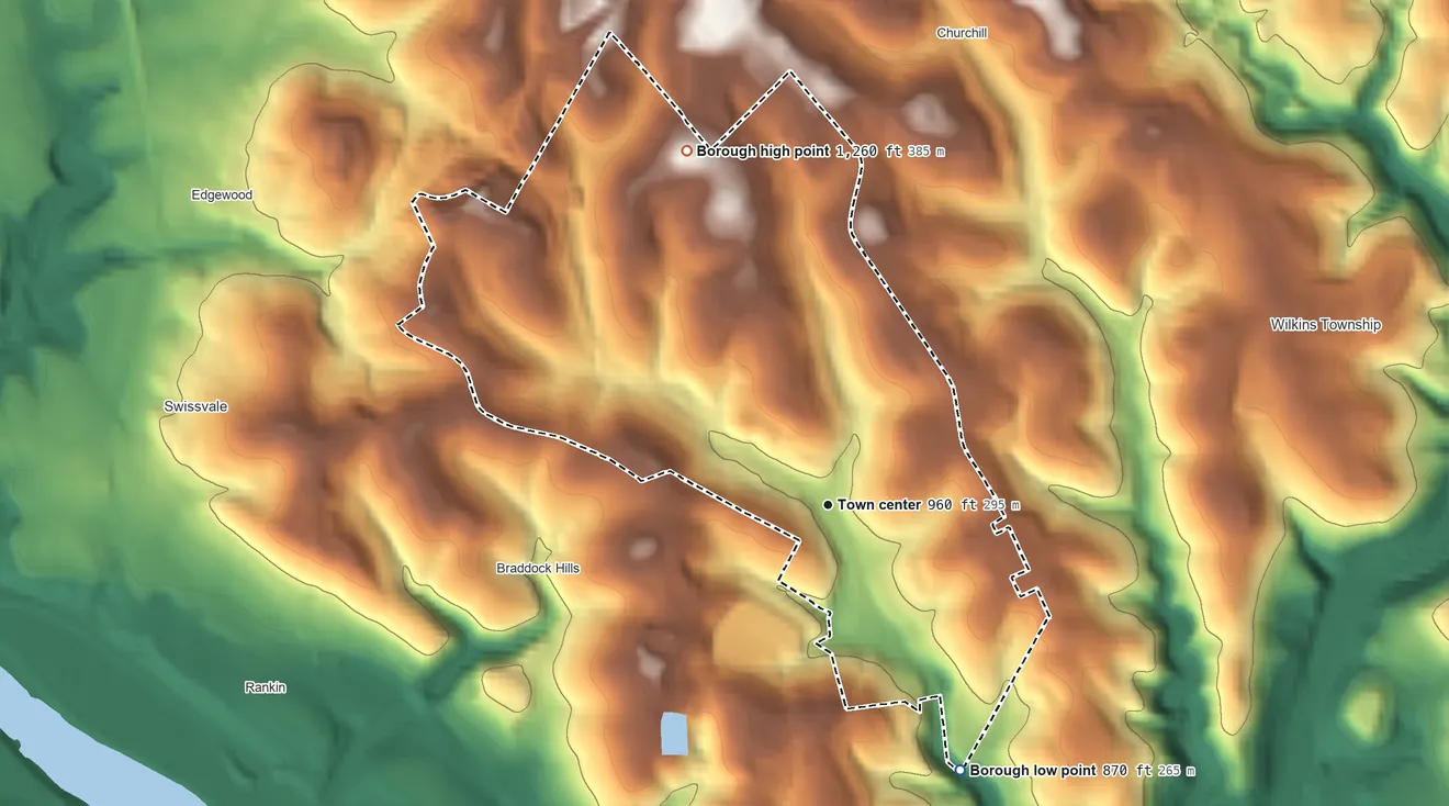 Topographic elevation map of Forest Hills, Pennsylvania, shaded from 870 ft on the southeast side to 1,260 ft on the north side