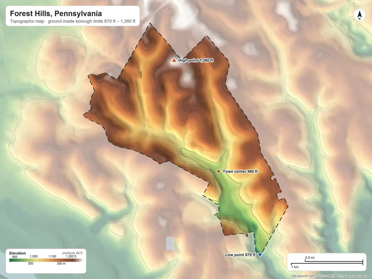 Topographic elevation map of Forest Hills, Pennsylvania, shaded from 870 ft on the southeast side to 1,260 ft on the north side