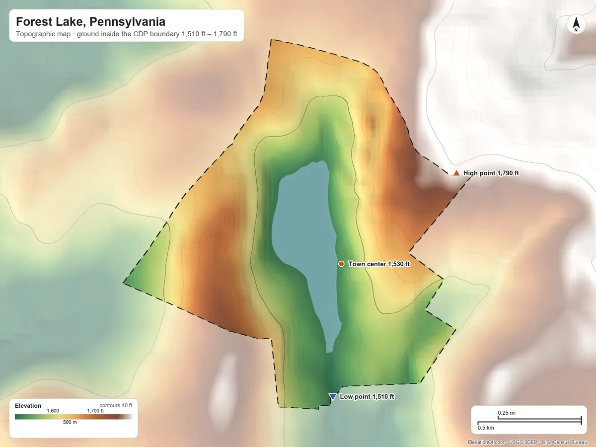 Topographic elevation map of Forest Lake, Pennsylvania, shaded from 1,510 ft on the south side to 1,790 ft on the northeast side