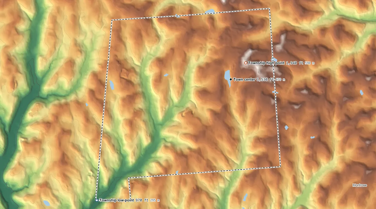 Topographic elevation map of Forest Lake Township, Pennsylvania, shaded from 970 ft on the southwest side to 1,940 ft near the middle