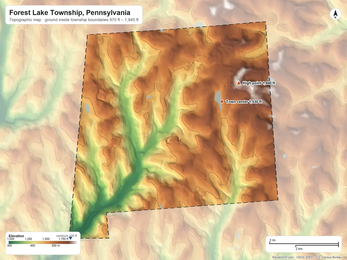 Topographic elevation map of Forest Lake Township, Pennsylvania, shaded from 970 ft on the southwest side to 1,940 ft near the middle