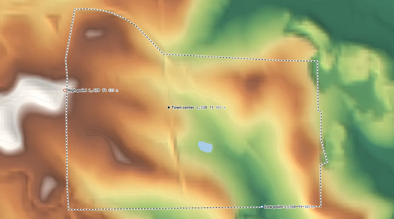 Topographic elevation map of Forestville, Butler County, Pennsylvania, shaded from 1,260 ft on the southeast side to 1,420 ft on the west side