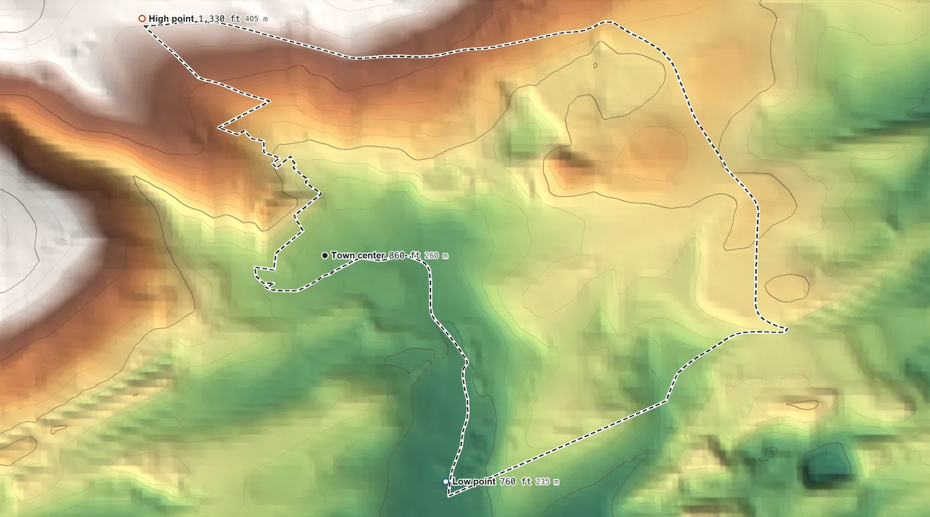 Topographic elevation map of Forestville, Pennsylvania, shaded from 760 ft on the southeast side to 1,330 ft at the foot of the Broad Mountain