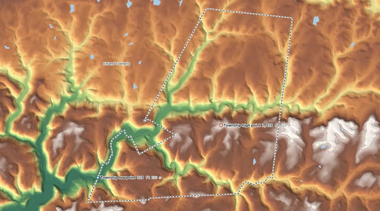 Topographic elevation map of Forks Township, Sullivan County, Pennsylvania, shaded from 920 ft on the southwest side to 2,020 ft on the south side