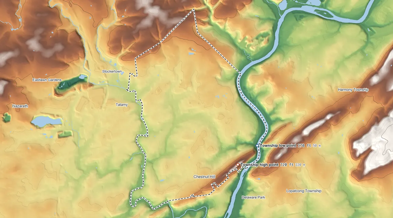 Topographic elevation map of Forks Township, Pennsylvania, shaded from 170 ft on the east side to 720 ft on Chestnut Hill